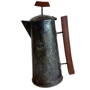 Silver-plated Coffee or Tea Pot + Teak Cheese Board hammered texture wood handle